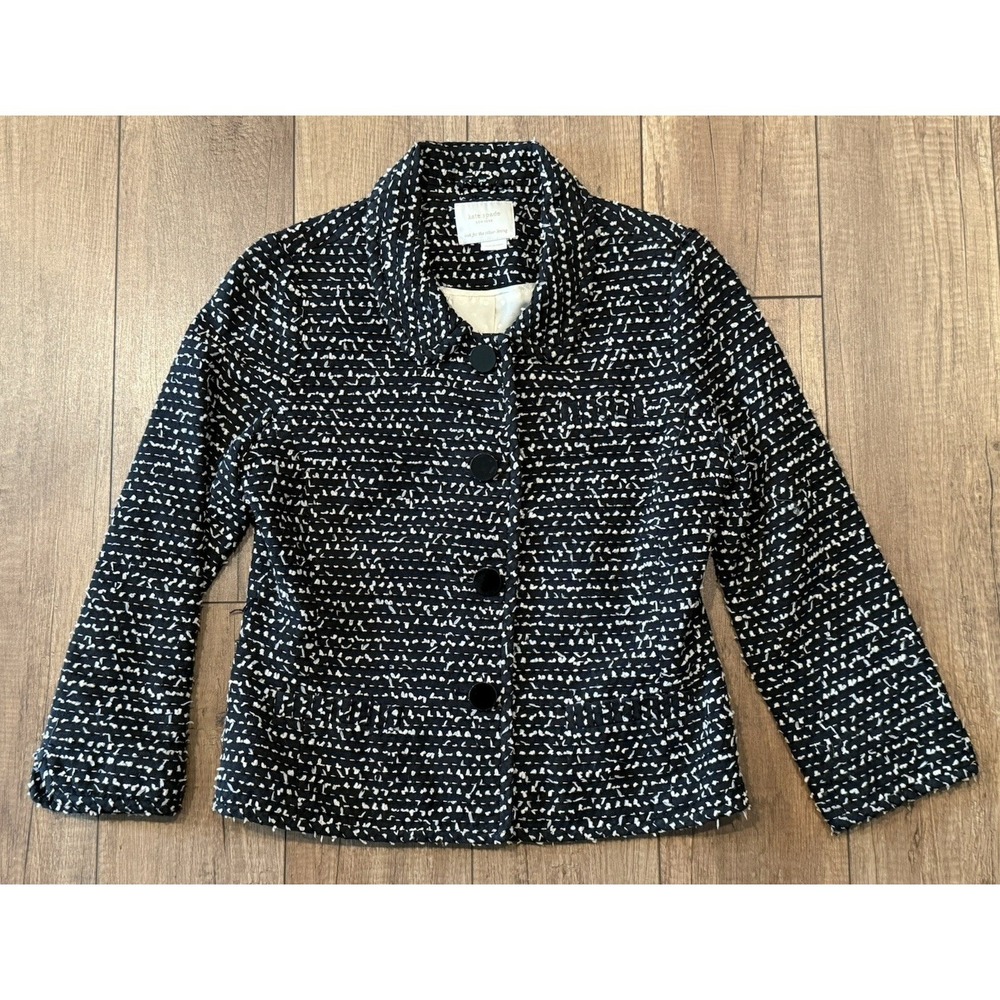 Kate Spade Women's Edina Tweed Blazer Sz 4/6 Black‎ Cream Jacket Coat Classic